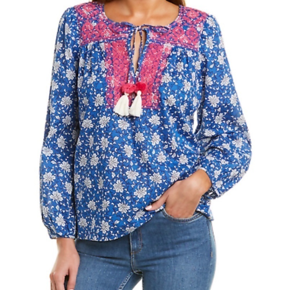 J.Crew Cotton Voile Popover Blue Pink Embroidery XSmall